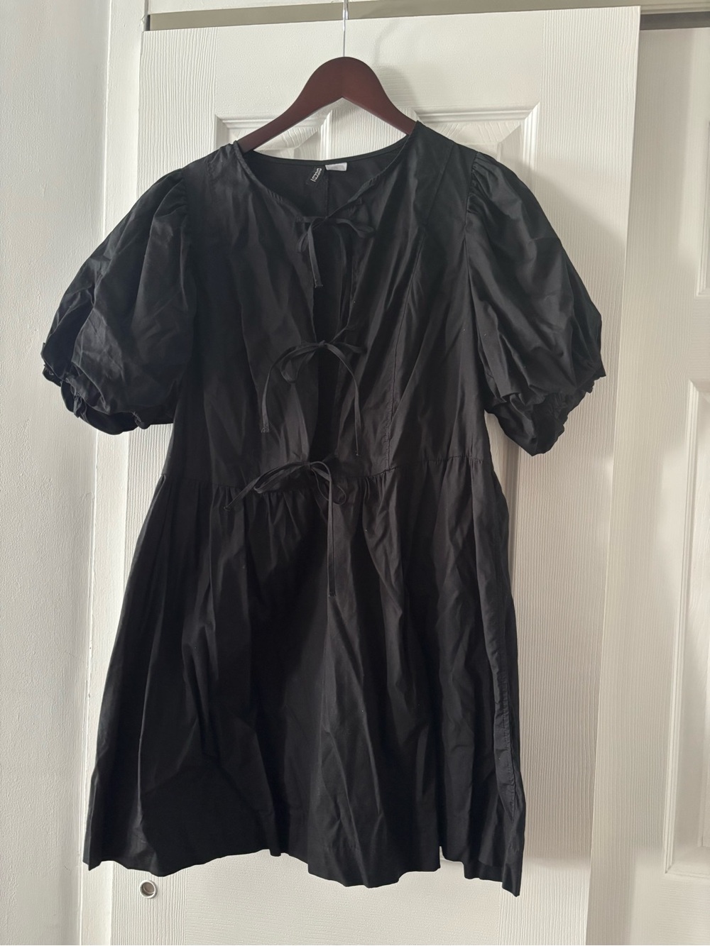 H&M Black Puff-Sleeve Tie-Front Mini Dress